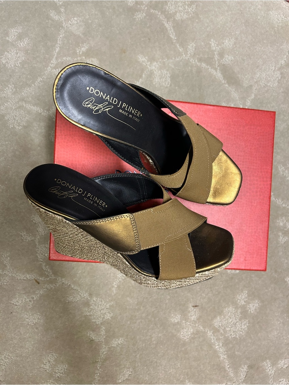 Donald J. Pliner Gold and Tan Espadrille Wedge Sandals